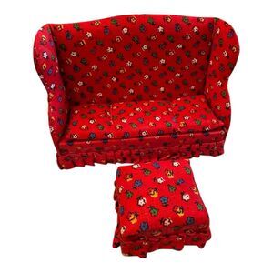Vintage dollhouse furniture miniature sofa couch with stool red floral design